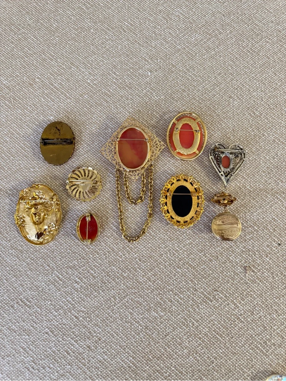 Vintage Faux Cameo 50pc Collection Estate Brooch Necklace Earrings & Jewelry Box
